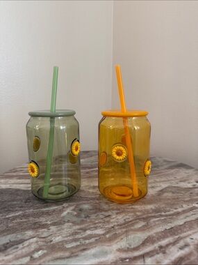 Tik tok viral green and Amber Sunflower Glass Tumbler with Straw